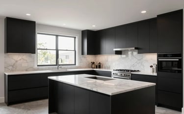 A high-end minimalist kitchen featuring sleek black cabinetry and white marble countertops. The composition is wide-angle, showing clean lines and natural light from large windows in a North American luxury home.