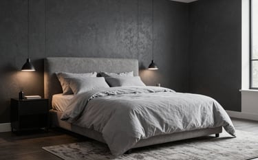 A sophisticated master bedroom with charcoal grey textured walls and premium light grey bedding. Minimalist bedside lighting and a large area rug create a calm, professional interior atmosphere in a North American setting.
