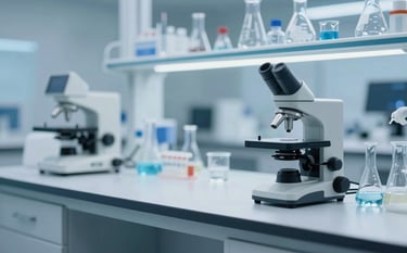 A minimalist, high-tech laboratory setting with polished white surfaces and scientific glassware. The lighting is soft and professional, featuring cool Turkish Blue (#4C7C9D) highlights. The composition is clean and modern, emphasizing precision and scientific rigor, incorporating Deep Grey (#2A363B) equipment accents.