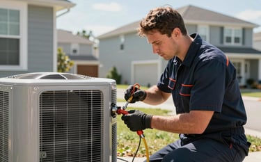A professional HVAC technician in a clean uniform with deep midnight navy accents, using tools to repair an outdoor air conditioning unit at a modern North American / US suburban home. Bright, clear daylight and a sense of professional efficiency.