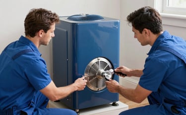 Two skilled HVAC professionals installing a sleek, modern furnace system in a well-lit North American / US residential basement. The equipment has rich sapphire blue finishes and clean metallic surfaces.