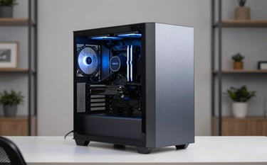 A sleek, high-end custom-built gaming computer with subtle internal blue lighting, placed on a minimal white desk in a modern North American home office. The composition is clean and focused. Palette colors: dark blue and silver-gray.