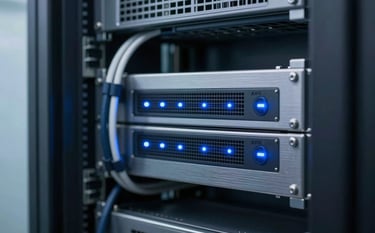 Close-up of a high-tech server rack and network infrastructure for AV systems. Clean cable management, blue status LEDs, and brushed metal surfaces. Reflects technical authority and reliability using brand colors #0D1A2F and #34495E.