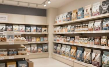 A well-organized pet shop in Kolkata with shelves stocked with high-quality dog and cat food. The design is modern and clean, utilizing the #F3F3E9 beige and #3D3B40 charcoal colors to create a professional retail atmosphere.