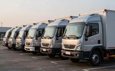 A modern fleet of silver and dark blue delivery trucks lined up neatly in a professional parking lot in Brazil. Soft morning light, clean corporate aesthetic, emphasizing scale and reliability.