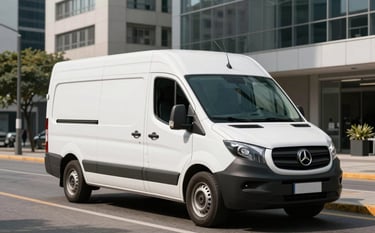 A professional white delivery van parked on a clean street in a modern South American business district. High noon lighting, emphasizing efficiency and cleanliness. The scene is corporate yet accessible.