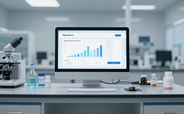 A modern, high-tech pharmaceutical or laboratory setting with glass surfaces and digital screens displaying regulatory compliance charts. The color palette features sophisticated shades of grey and soft blues, suggesting unwavering trustworthiness and expertise in regulatory matters.