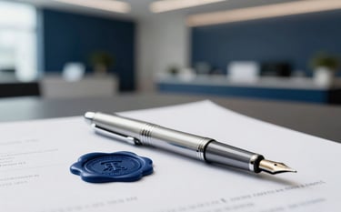 A sophisticated close-up of a silver fountain pen resting on a crisp white legal document with a visible dark blue wax seal. The background shows a blurred, modern executive office with deep navy blue accents and professional lighting. Style is clean, modern, and precise, incorporating the firm's colors.