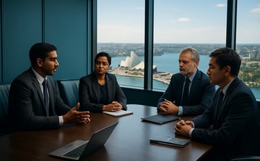 A high-end corporate boardroom in a Sydney high-rise with a view of the harbor, where Australian / Indian business professionals are discussing strategy. The atmosphere is professional and authoritative, with decor in deep teal and muted blue tones under bright, natural light.