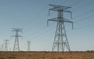 Large-scale electrical transmission infrastructure under a clear light blue sky in the Australian landscape. The shot is clean and industrial, showing massive steel towers and power lines, conveying the scale of Australian / Indian business energy projects.
