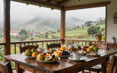A beautiful view of a dining area in a South American rural house. On a rustic wooden table, there is a spread of fresh, healthy Colombian breakfast including local fruits and organic products. Through the large windows, the misty, green and serene landscape of Cundinamarca is visible. Warm, earthy brown and soft green tones.