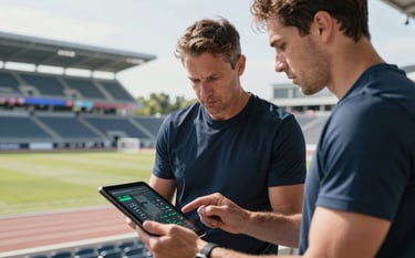 A coach and an athlete in a North American stadium reviewing performance data on a digital tablet. The scene is professional and analytical, with stadium seats and bright daylight in the background.