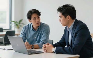 Candid photography of two professionals in a high-end, light-filled North American coworking space. They are focused on a strategic discussion over a minimalist table. The palette features slate blue and light blue tones. Sophisticated, forward-thinking atmosphere.