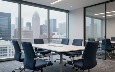 Photography of a sleek, modern North American conference room. Large glass windows reveal a blurred city skyline. The interior features dark blue ergonomic chairs and a minimalist white table under soft, professional lighting. The composition is clean and sophisticated.