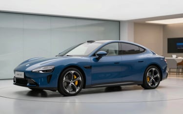 A modern, sleek dark blue car parked in a minimalist showroom with polished floors reflecting soft, professional lighting. The environment is clean and trustworthy, featuring glass partitions and a hint of a customer service area in the background. The color palette emphasizes #1E3A8A and #F3F4F6 with sharp, high-definition lines.
