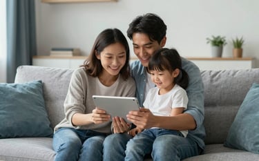 A happy young family in a sunlit living room, sitting on a modern sofa and looking at a tablet together, conveying a sense of security and future planning. The lighting is warm and natural. The background features minimalist decor with subtle blue #1E3A8A and grey #F3F4F6 accents in the furniture and textiles.