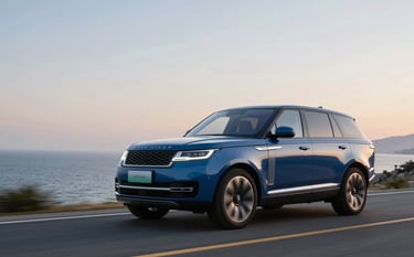 A high-end luxury SUV driving on a clean, scenic coastal road during sunset. The image uses cool professional tones. The aesthetic is minimalist and corporate, emphasizing premium safety and technological superiority with a palette of #1E3A8A, #2B3E50 and soft #F3F4F6 highlights.