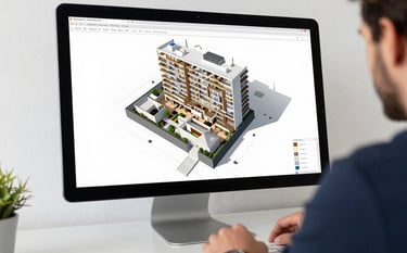 A close-up of a high-resolution monitor in a sleek, minimalist office. The screen displays a detailed 3D floor plan of a luxury penthouse in Alicante. The workspace is clean, with steel blue and porcelain white accents, where a professional in a Southern European / Spanish studio works on property layouts.