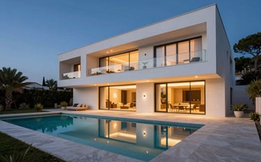 Detailed architectural photography of a modern villa exterior in Estepona at dusk. The building features clean lines and warm interior lights reflecting on a pool. The atmosphere is sophisticated with dark slate blue skies and soft porcelain white stone surfaces, set in a lush Southern European / Spanish garden.