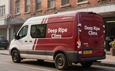 A professional photography shot of a delivery van with Deep Ripe Crimson branding, parked on a clean street in a South Asian / Bangladeshi city, soft morning light hitting a brick building in the background.