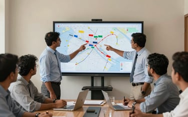 An indoor meeting in a South Asian / Bangladeshi professional setting, logistics experts pointing at a shipping route map on a screen, room decorated in Crisp Parchment tones.