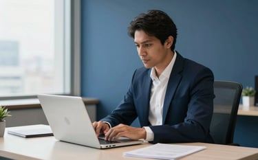 A focused professional in a modern South American / Brazilian office setting, working on a clean laptop, bright natural lighting, minimalist desk with air force blue and dark navy decor accents, atmosphere of professional trust and security.