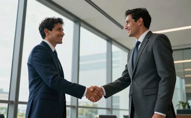 Two business partners shaking hands in a bright, modern South American / Brazilian corporate lobby, large windows, steel blue and pale grey architecture, reflecting confidence and professional partnership.