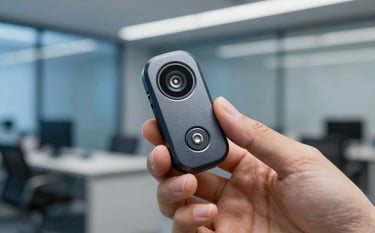 Close-up of a hand holding a sleek digital security token in a professional South American / Brazilian corporate environment, blurred background of a steel blue office interior, high-tech and secure feeling, sharp focus.