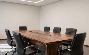 A wide shot of a modern, minimalist executive boardroom in Lahore. A long polished wood table is surrounded by ergonomic chairs. The walls are soft off-white, and the room is bathed in clean, natural light. The atmosphere is professional and disciplined.