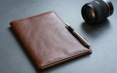 A high-angle shot of professional corporate documentation, including a leather-bound folder and a silver fountain pen, resting on a cool grey-blue surface. The lighting is focused and professional.