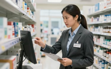 A professional auditor in business attire performing an inventory inspection in a clean, modern North American pharmacy. The shot is captured in natural daylight, highlighting a professional and transparent atmosphere.