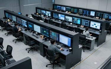 A high-angle photograph of a sophisticated North American corporate data monitoring center. The lighting is soft and professional, featuring a palette of dark blue and light gray, suggesting trust and high-level oversight.
