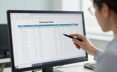 A close-up photograph of a professional in a bright, modern North American office setting, meticulously reviewing pharmacy claims data on a high-resolution screen. The atmosphere is clean and efficient, with a soft focus on a light blue and white background.