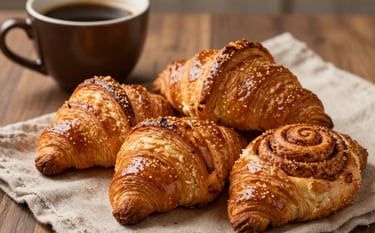 Close-up of golden, flaky croissants and cinnamon rolls resting on a soft almond tan linen cloth. The pastries have a warm cinnamon brown glaze that glitters under soft ambient lighting. In the background, a dark cocoa brown ceramic mug of coffee sits on a wooden surface, evoking a cozy, artisanal feeling.