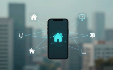 A conceptual digital landscape representing connectivity, with soft blue networking lines connecting a central mobile device to various smart home and wearable icons. Soft-focus background with a sophisticated atmosphere, utilizing #507D8C and #1A202C. High-tech and professional style.