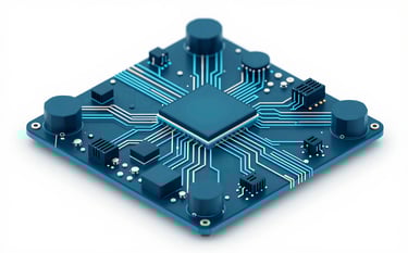 A 3D abstract representation of a digital architecture or motherboard, showing interconnected nodes and data paths. The style is clean and innovative, utilizing sharp geometric lines. The color scheme is dominated by #2F4858 and #507D8C with metallic highlights. Futuristic and robust mood.
