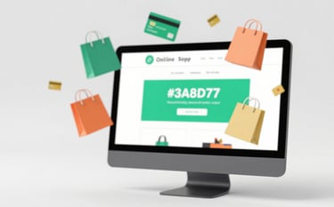 A dynamic 3D graphic showing various e-commerce elements like shopping bags and credit cards floating around a high-tech computer monitor. The monitor displays a vibrant online store with brand colors #3A8D7B and #D06A4E. Modern, professional, and energetic style.