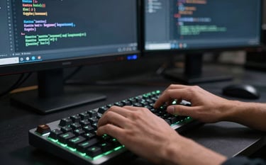 Close-up action shot of a professional developer's hands typing on a high-tech mechanical keyboard. In the blurred background, dual monitors show lines of clean Kotlin code. The room has a sophisticated dark navy atmosphere with soft green light reflecting off the keys. Global / International.