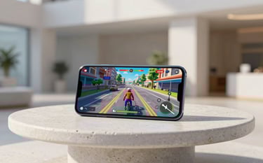 A high-end Android smartphone resting on a minimalist white stone table. The screen displays a colorful, high-definition 3D game. The background is a bright, airy lobby with professional architectural details and soft blue shadows. Global / International.