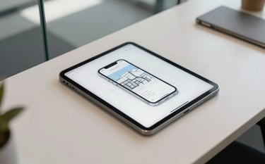 A top-down professional photograph of a sleek workspace in a modern glass-walled office. On a clean desk, a tablet displays architectural wireframe sketches of a mobile app. Soft natural lighting illuminates the scene, featuring subtle blue and off-white accents. Global / International setting.