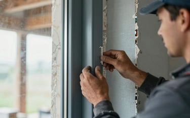 Close-up photography of a home renovation project in progress. A worker's hands, in professional gear, are carefully installing a high-quality window frame or wall insulation. The color palette features slate blue grey and light blue grey tones, signifying a clean and orderly workspace. Natural lighting coming through an open structure.