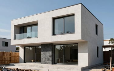 Professional architectural photography of a modern, minimalist two-story private house under construction. The structure features clean lines, large glass windows, and a combination of soft off-white concrete and dark slate grey steel accents. Bright, clear daylight highlights the precision of the construction work. High-end, sophisticated atmosphere.