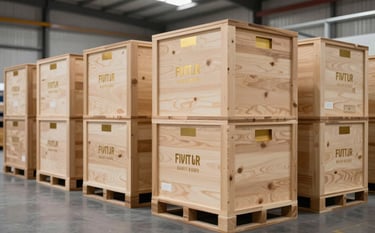 A clean, modern warehouse interior showing organized rows of high-quality wooden export crates branded with subtle gold accents. The lighting is bright and professional, highlighting a sophisticated supply chain operation.