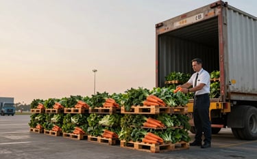 A professional wide shot of a cargo loading dock at dawn, with soft muted gold light on the horizon. Pallets of fresh carrots and leafy greens are being prepared for export. Sophisticated and authoritative atmosphere.