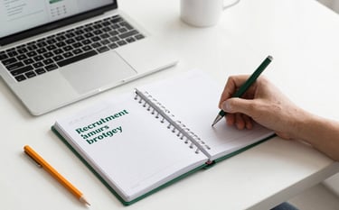 A high-angle shot of a clean, minimalist white desk with a planner and a laptop showing a recruitment strategy presentation. A hand is holding a pen, ready to write. The aesthetic is clean and crisp (#F8F2EA), with forest green (#224236) and orange (#E06D28) stationery items.