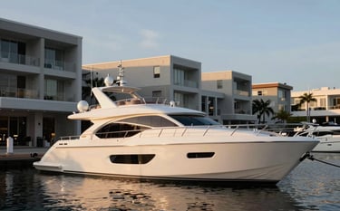 A sleek white luxury yacht docked in a sophisticated modern marina at sunset in a North American / US coastal city. Soft, warm lighting highlights the yacht's premium design against a backdrop of muted blue sky and light gray architecture, conveying elite financial success.