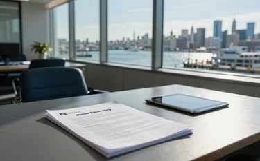 A professional and modern office interior overlooking a busy North American / US harbor. A desk features marine financing documents and a tablet, with sunlight streaming through large windows. The color palette emphasizes steel blue and deep navy for a trustworthy feel.