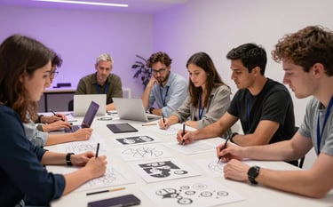 Action shot of a collaborative design thinking session. Professionals in a bright, international studio are working with sketches and prototypes on a large table. Soft purple lighting elements and white walls create a premium, inspiring environment.