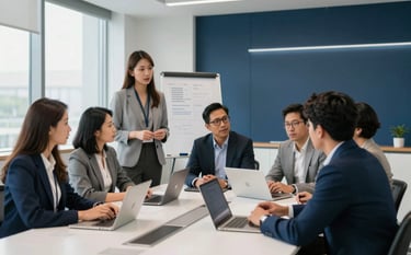A premium photography shot of a high-tech corporate training room. A group of professionals in North American business casual attire are discussing ethics and technology. The room is decorated with clean white and deep indigo accents. Soft natural light, modern and professional atmosphere.