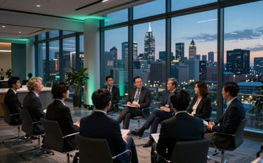 An elegant professional seminar held in a modern, glass-enclosed space overlooking a North American city skyline at dusk. Deep indigo and teal lighting accents. High-end, premium atmosphere focused on learning and leadership.